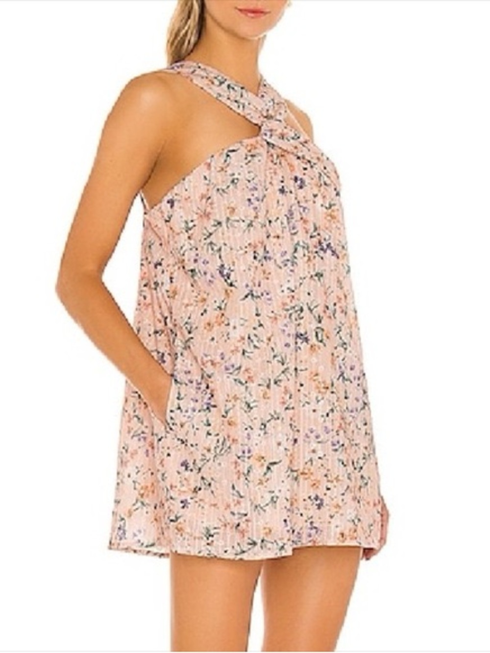 Lovers and Friends Jill Peach Floral Eyelet Halter Neck Mini Dress S NEW